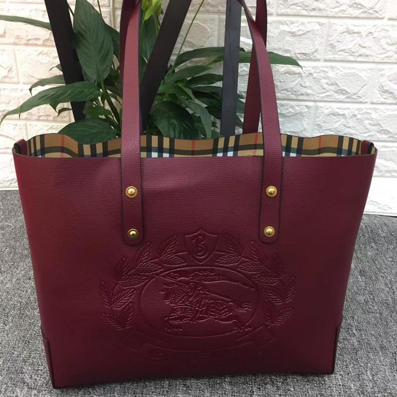 Burberry Handbags 40802081 Full Leather Embossed Emblem Purple Red